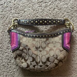 Coach Brown Tan Pink Purple Signature Hobo Studded Shoulder Bag Vintage Crescent